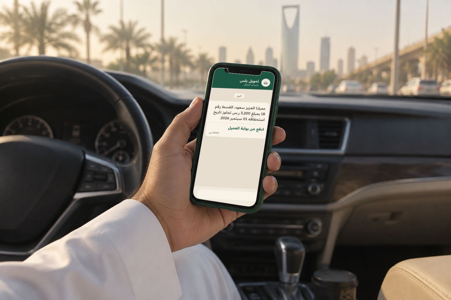يد تمسك جوالًا وصلته رسالة، داخل سيارة في الرياض