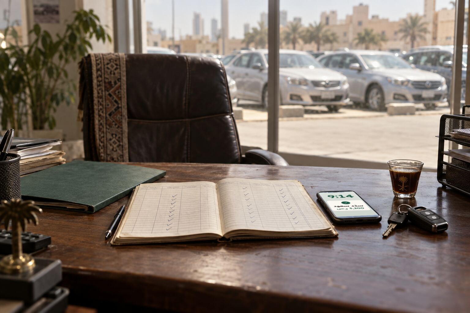 مكتب معرض سيارات: دفتر أقساط مفتوح وجوال ومفاتيح سيارة، وخلف النافذة سيارات المعرض